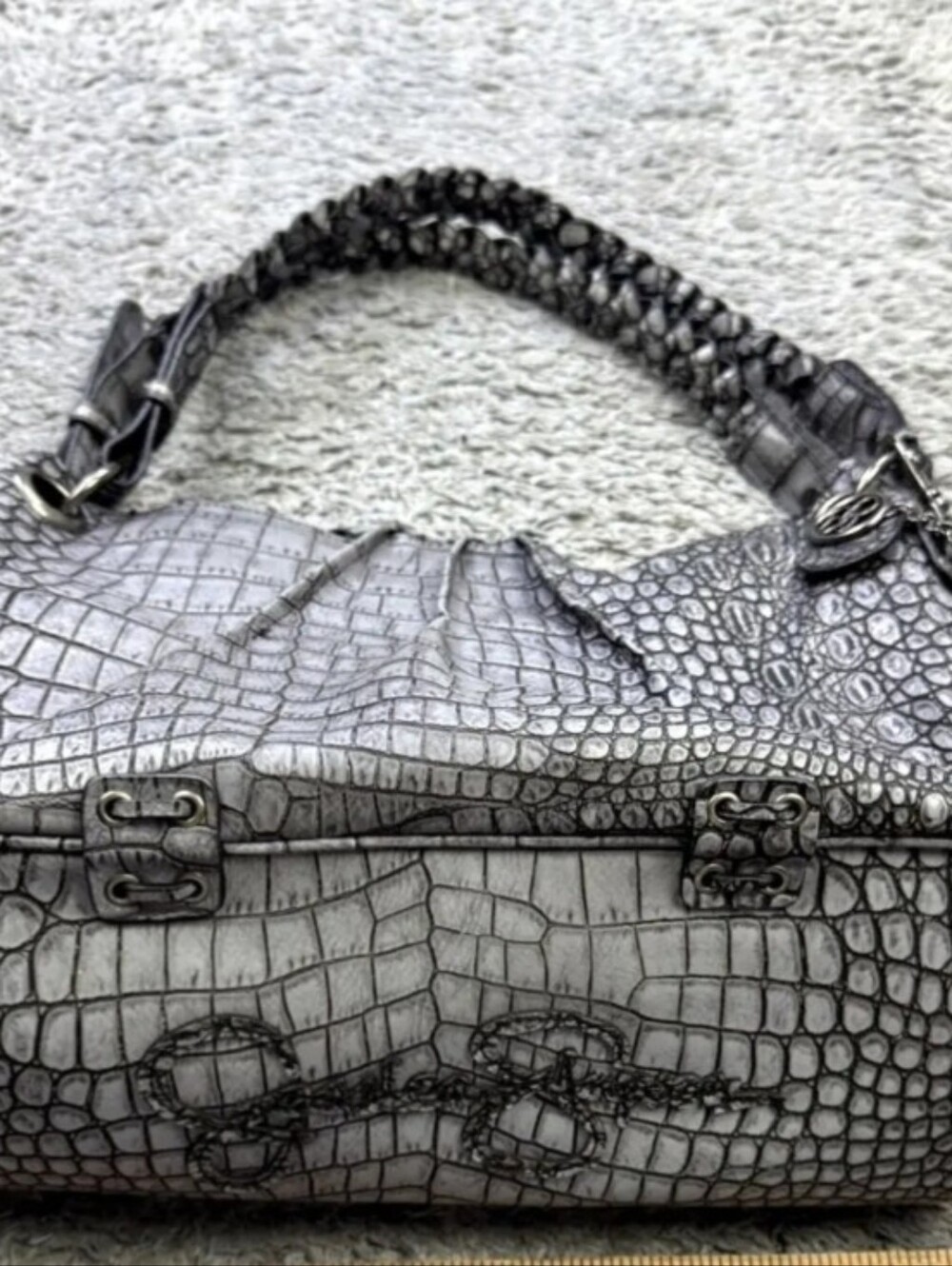 Jessica Simpson Black Croc-Embossed Shoulder Bag with Braided Handles